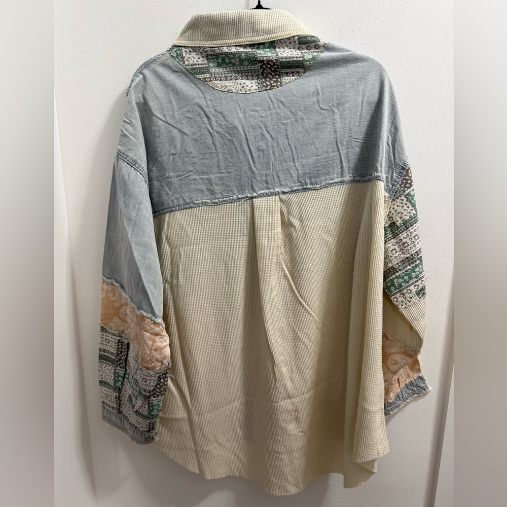 POL Patchwork Button-Up Shirt - Cream, Gray, Green, Tan - Picture 2 of 2